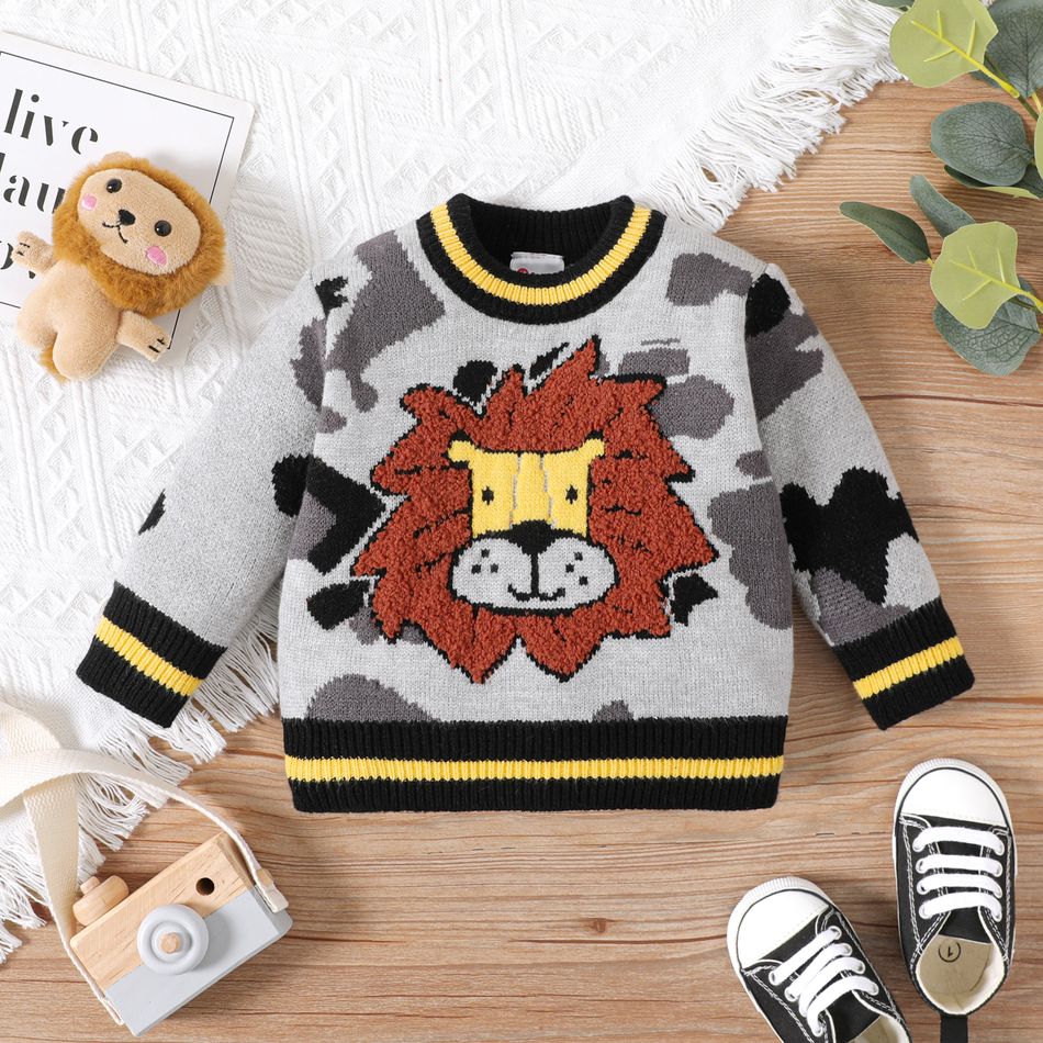 Baby Boy Lion Embroidered Camouflage Knitted Sweater Grey big image 1