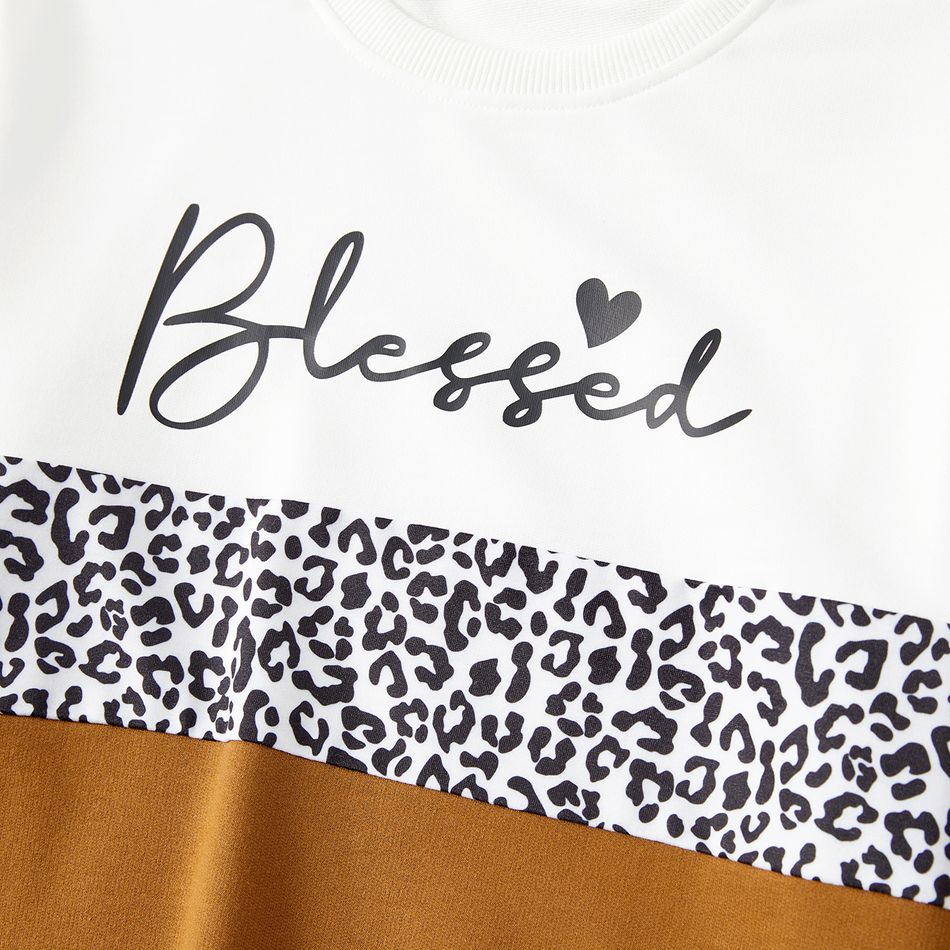 Mommy and Me Letter Print Leopard Colorblock Long-sleeve Sweatshirts and Sweatpants Sets Khaki big image 4