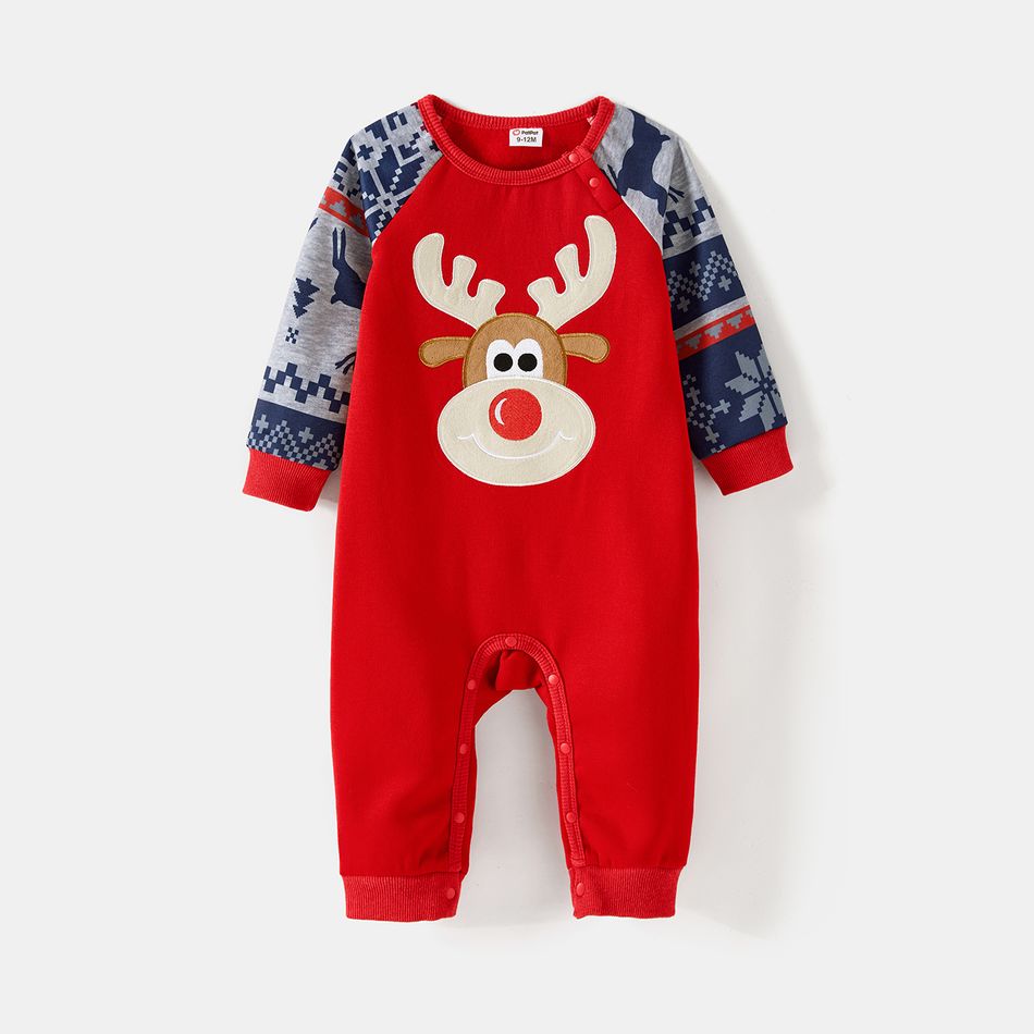 Christmas Family Matching Fleece Lined Raglan-sleeve Reindeer Embroidered Sweatshirts ColorBlock big image 8