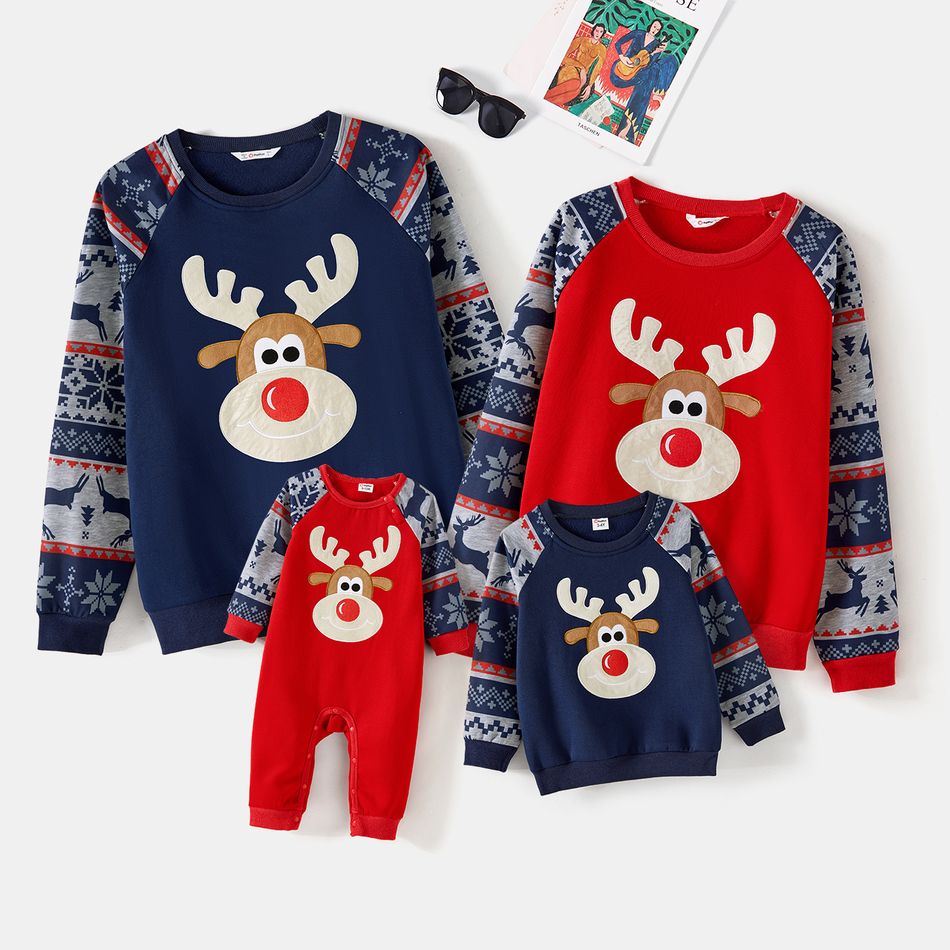 Christmas Family Matching Fleece Lined Raglan-sleeve Reindeer Embroidered Sweatshirts ColorBlock big image 1