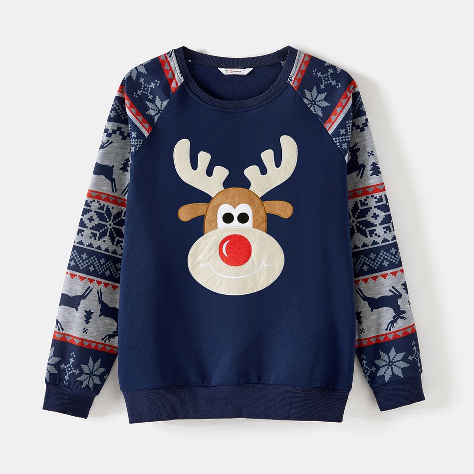Christmas Family Matching Fleece Lined Raglan-sleeve Reindeer Embroidered Sweatshirts ColorBlock big image 2