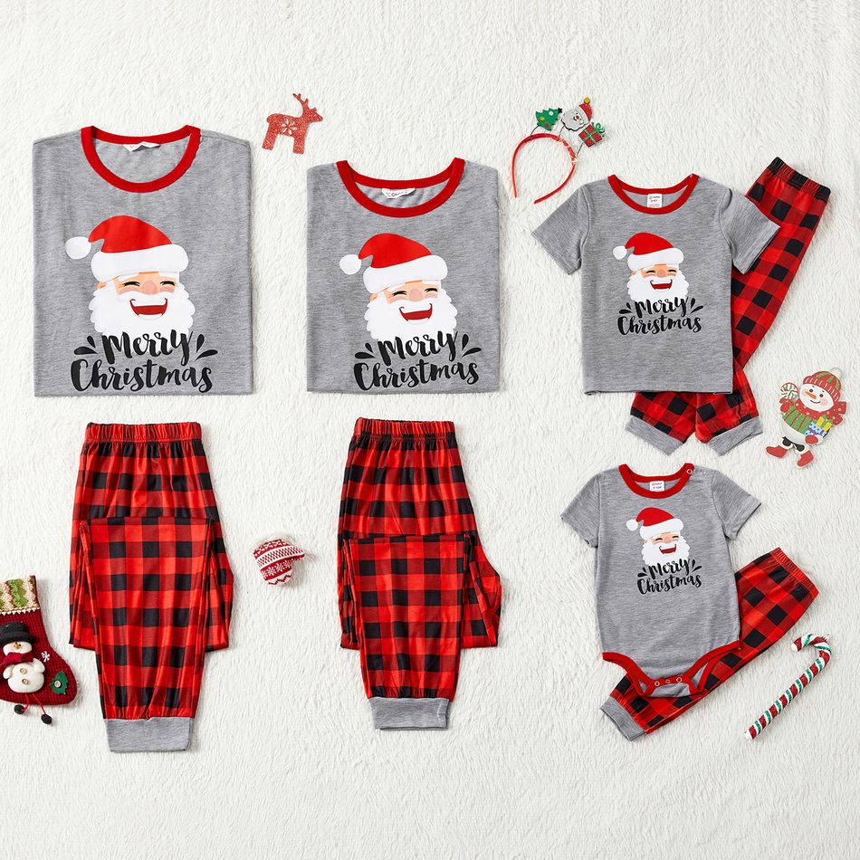 Christmas Family Matching Santa & Letter Print Short-sleeve Red Plaid Pajamas Sets (Flame Resistant) flowergrey