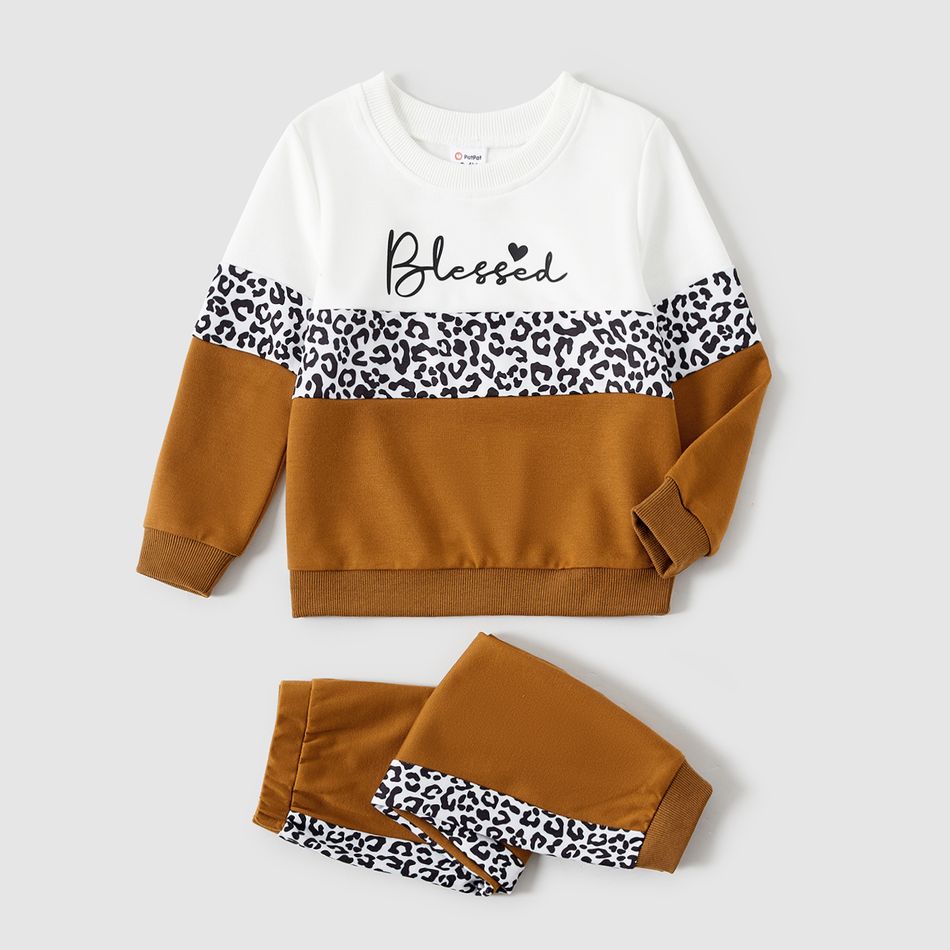Mommy and Me Letter Print Leopard Colorblock Long-sleeve Sweatshirts and Sweatpants Sets Khaki