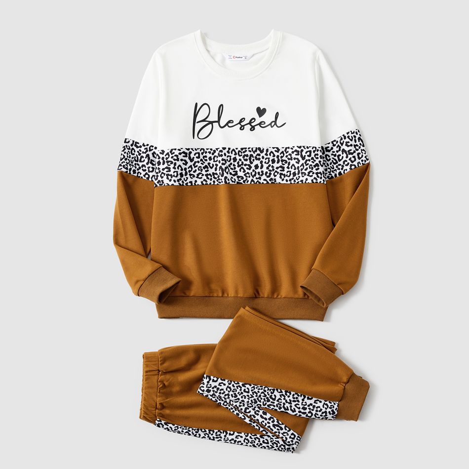 Mommy and Me Letter Print Leopard Colorblock Long-sleeve Sweatshirts and Sweatpants Sets Khaki big image 2