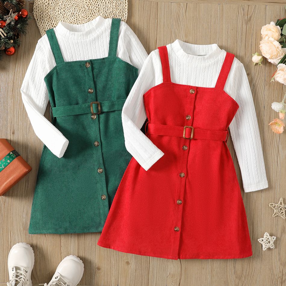2pcs Kid Girl Valentine's Day Mock Neck Textured White Tee and Button Design Belted Corduroy Overall Dress Set Red big image 2