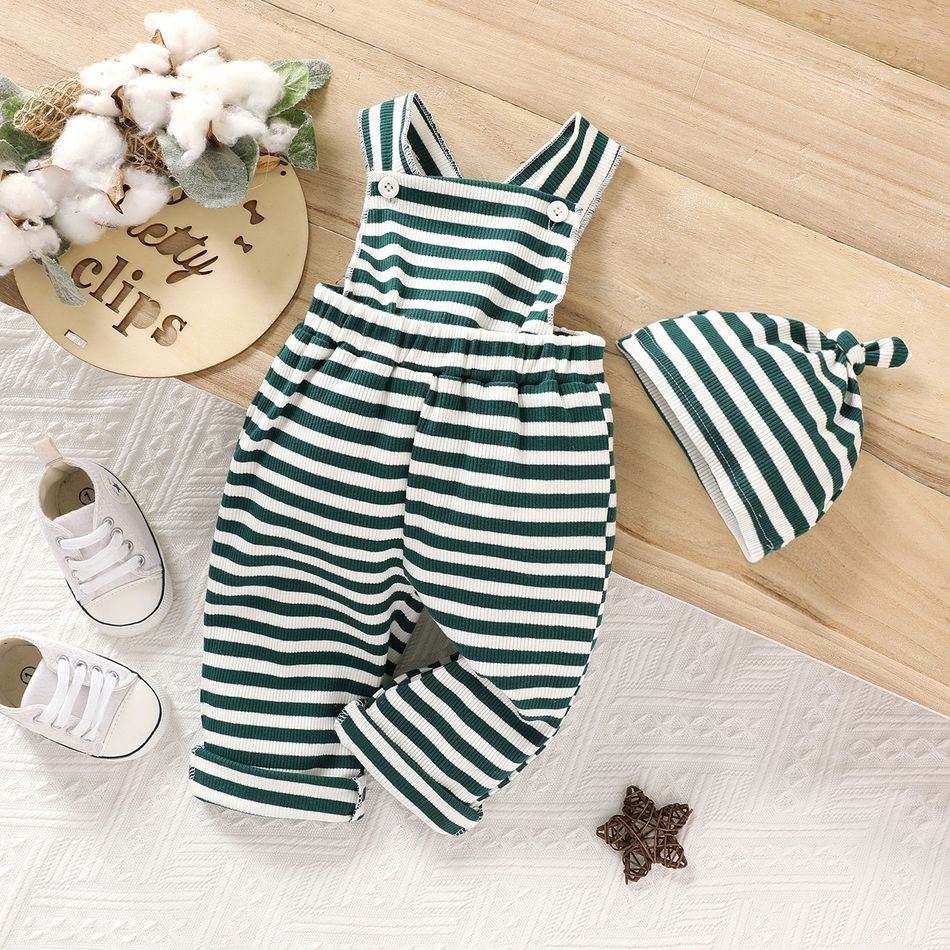 2pcs Baby Boy/Girl 95% Cotton Rib Knit Green Striped Overalls with Hat Set Green