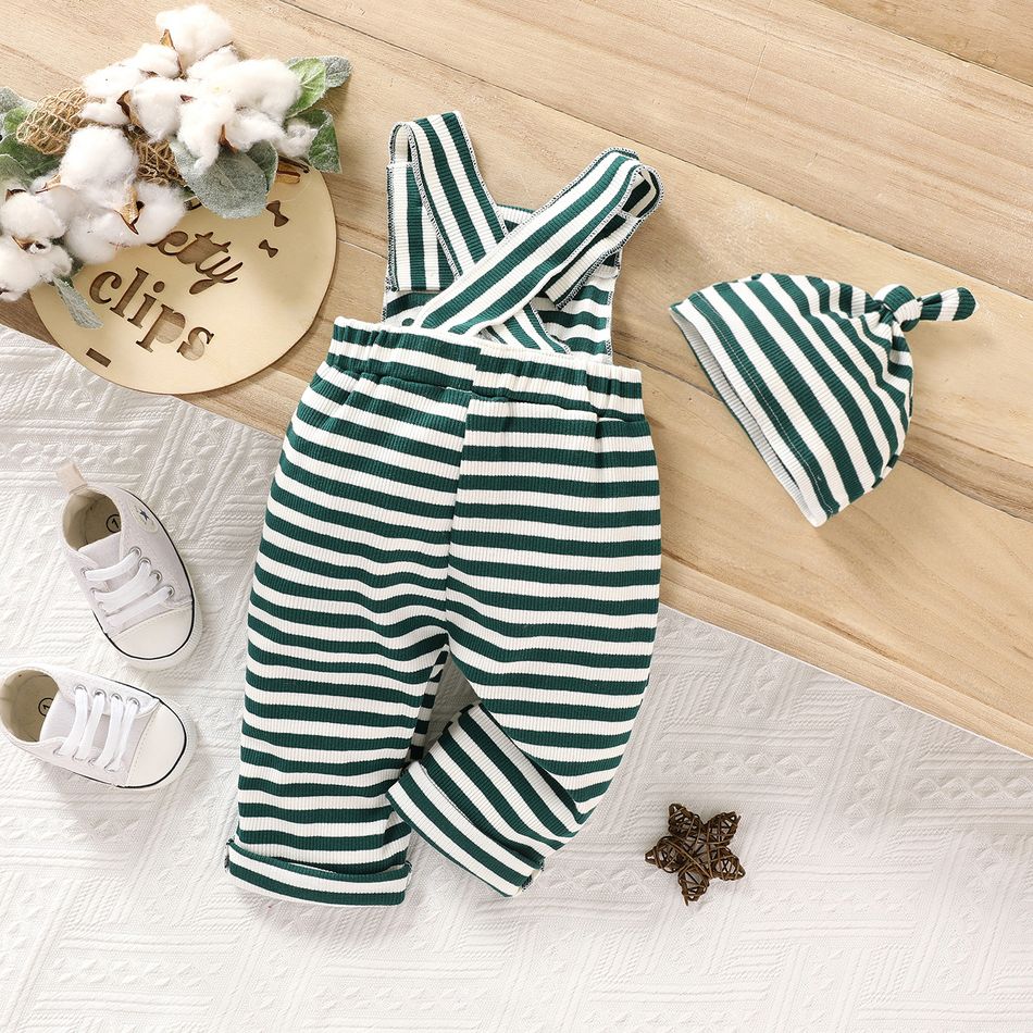 2pcs Baby Boy/Girl 95% Cotton Rib Knit Green Striped Overalls with Hat Set Green big image 2