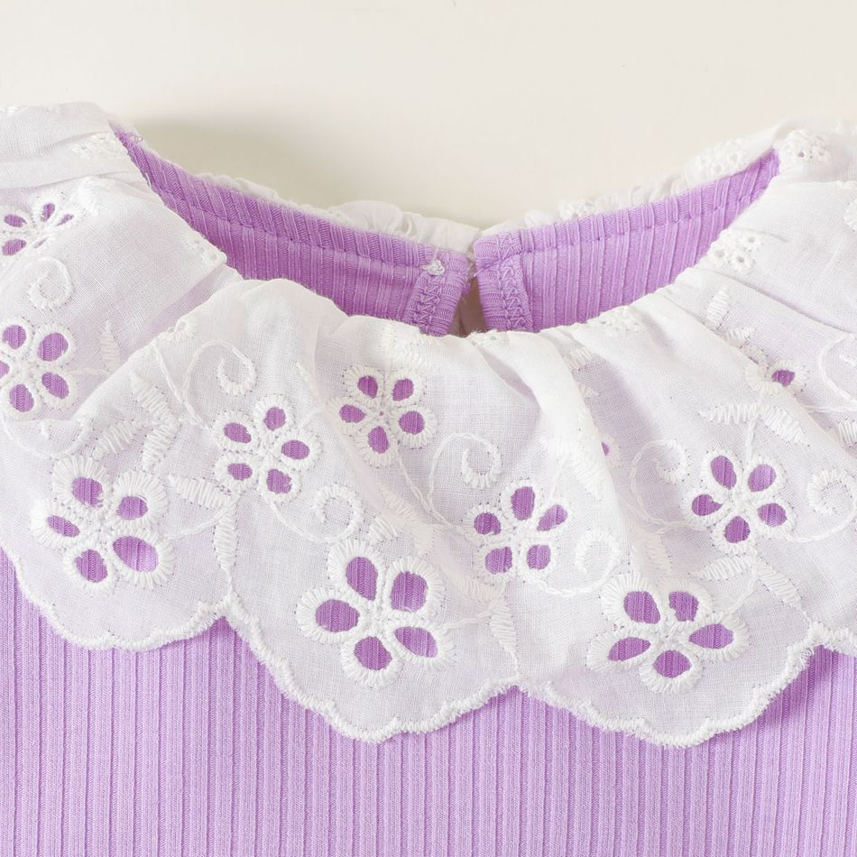 3pcs Baby Girl Ruffle Collar Long-sleeve Rib Knit Romper and Allover Butterfly Print Skirt with Headband Set Purple big image 5
