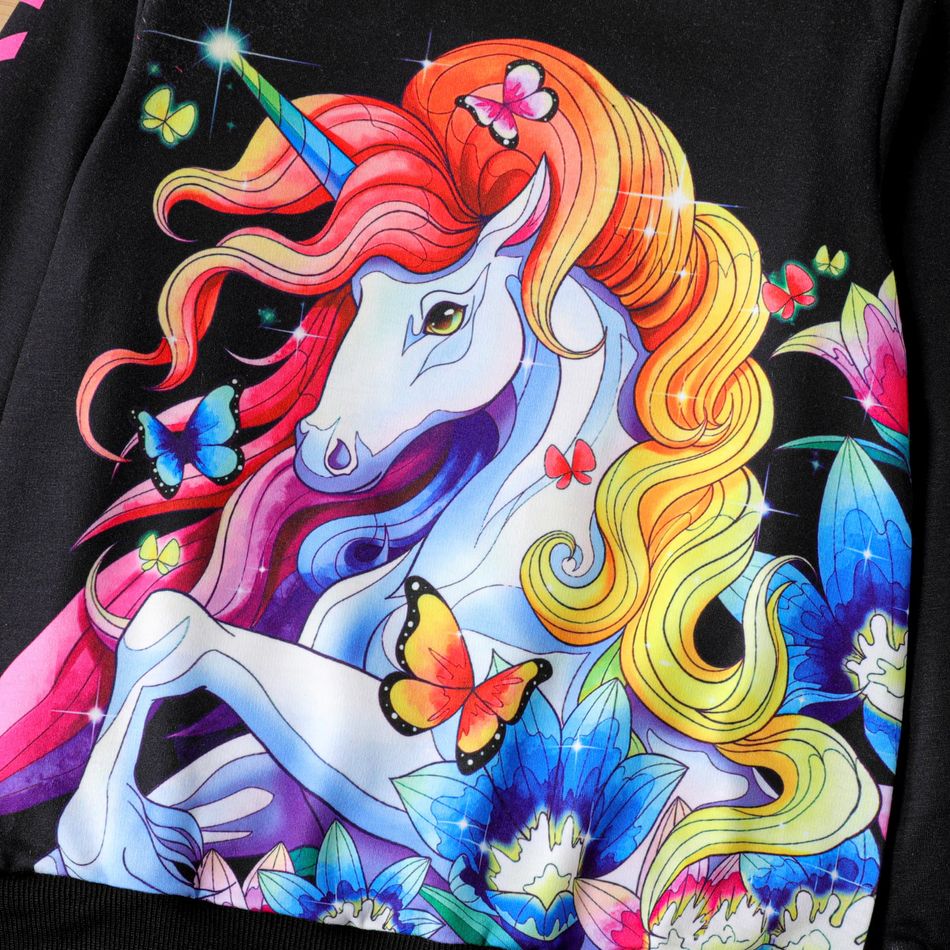 2pcs Kid Girl Unicorn Print Pullover Sweatshirt and Colorblock Pants Set Black big image 3