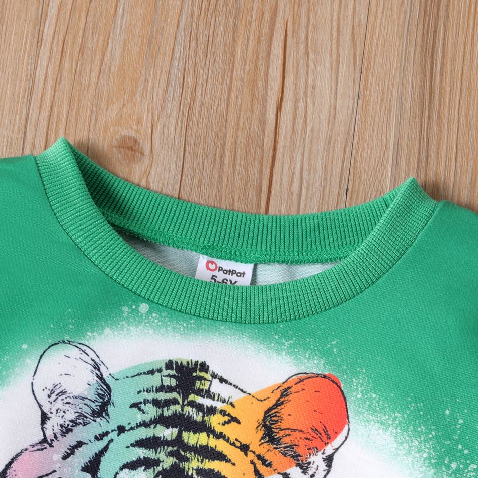Kid Boy Animal Tiger Print Pullover Sweatshirt Green big image 5