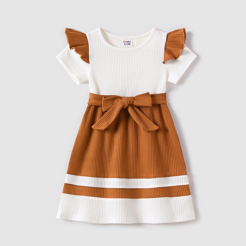 Mommy and Me Two Tone Rib Knit V Neck Short-sleeve Belted Midi Dresses Coffee big image 5