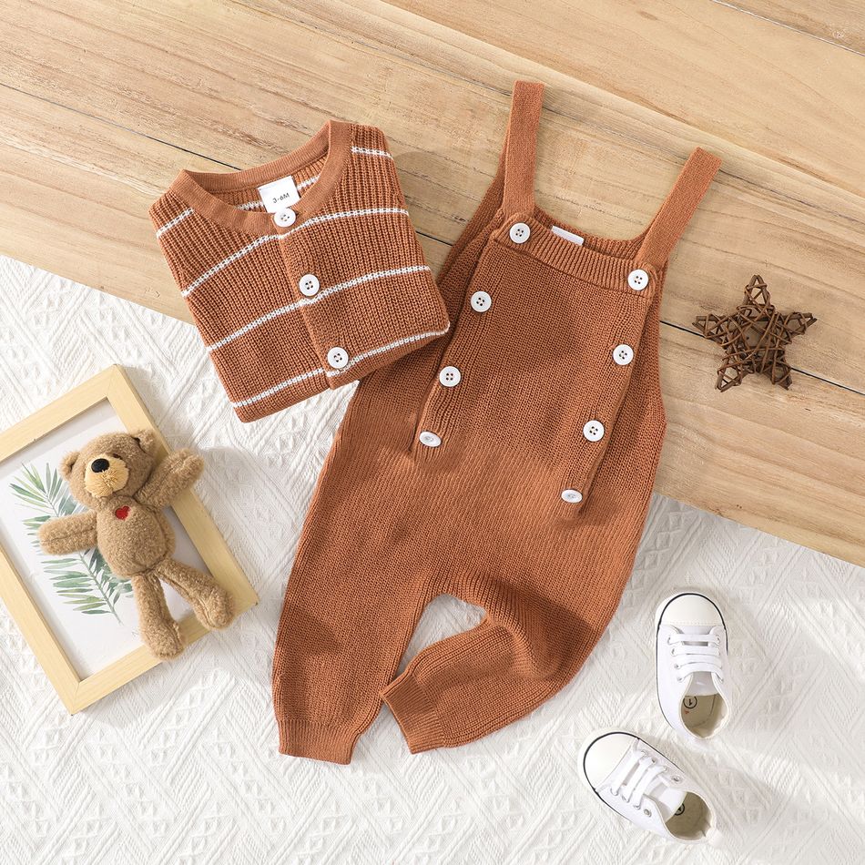 100% Cotton 2pcs Baby Boy/Girl Brown Striped Long-sleeve Button Knitted Cardigan and Overalls Set Brown big image 2