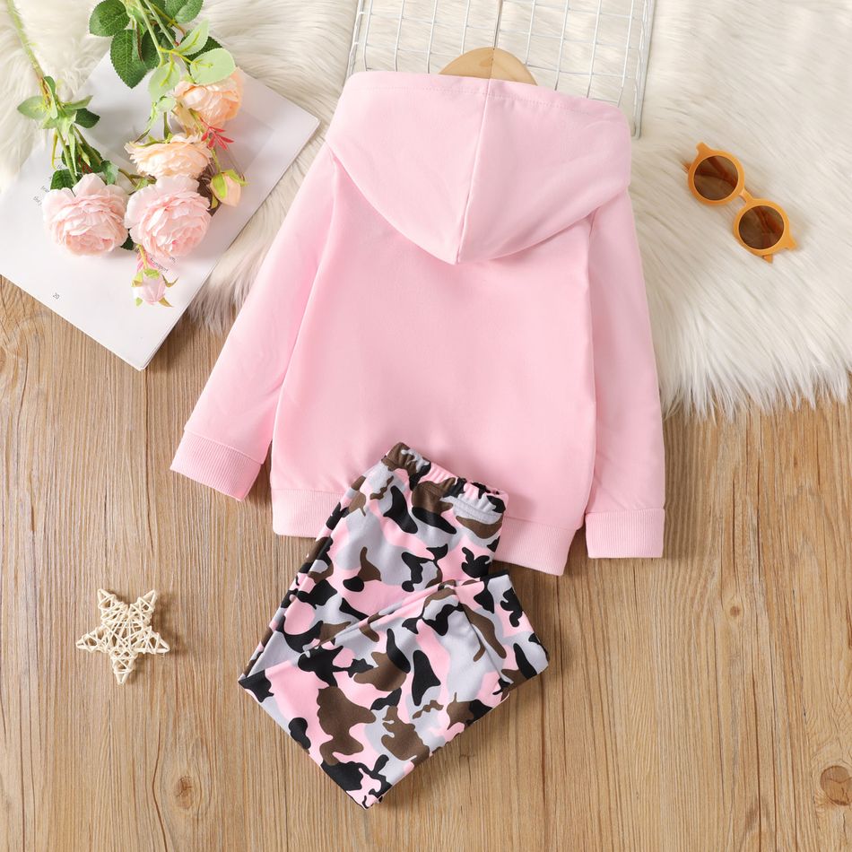 2pcs Toddler Girl Trendy Letter Print Hoodie Sweatshirt and Camouflage Print Fleece Pants Set Pink big image 2