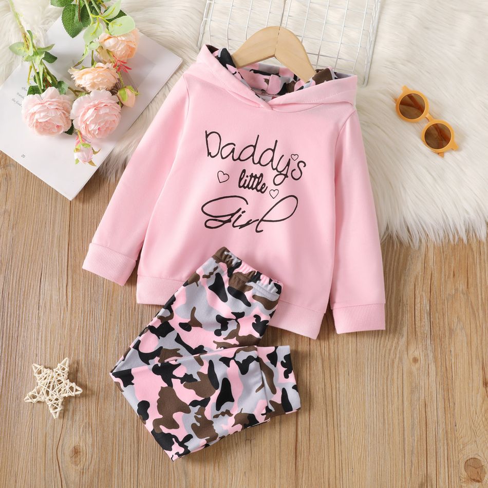 2pcs Toddler Girl Trendy Letter Print Hoodie Sweatshirt and Camouflage Print Fleece Pants Set Pink big image 1