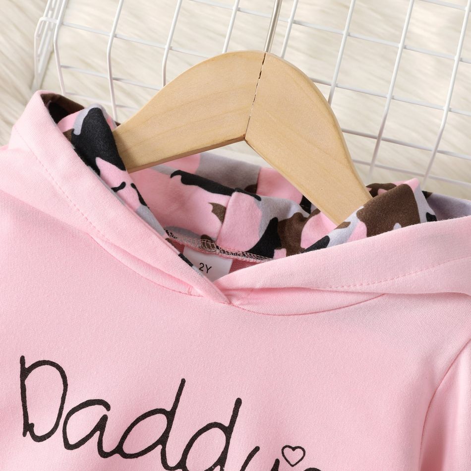 2pcs Toddler Girl Trendy Letter Print Hoodie Sweatshirt and Camouflage Print Fleece Pants Set Pink big image 3