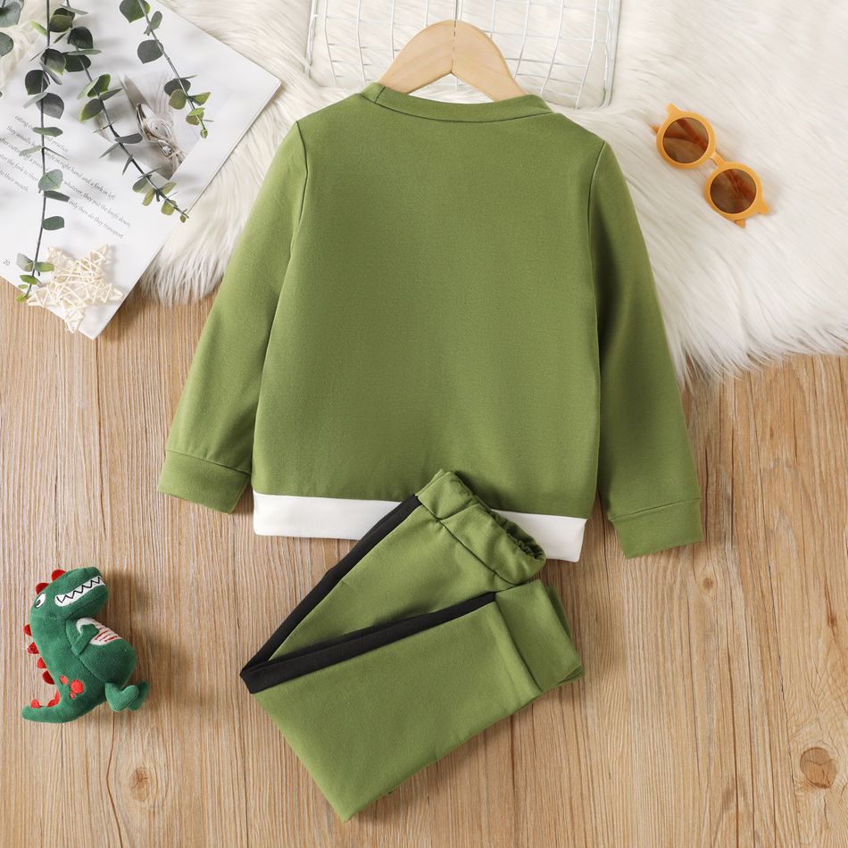 2pcs Toddler Boy Playful Dinosaur Print Colorblock Sweatshirt and Pants Set Green big image 3