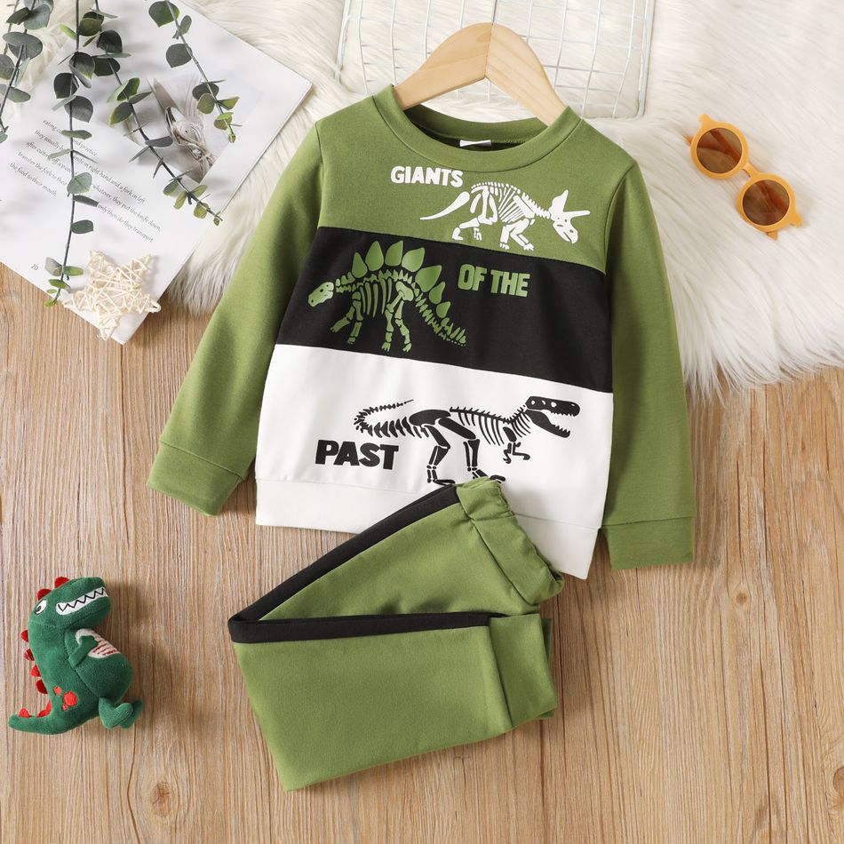 2pcs Toddler Boy Playful Dinosaur Print Colorblock Sweatshirt and Pants Set Green big image 2
