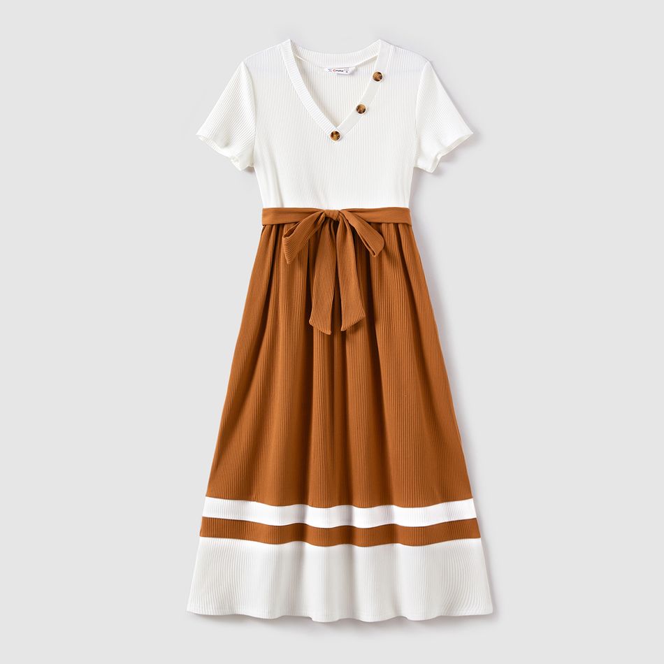 Mommy and Me Two Tone Rib Knit V Neck Short-sleeve Belted Midi Dresses Coffee big image 2