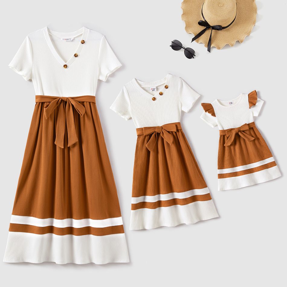 Mommy and Me Two Tone Rib Knit V Neck Short-sleeve Belted Midi Dresses Coffee big image 10
