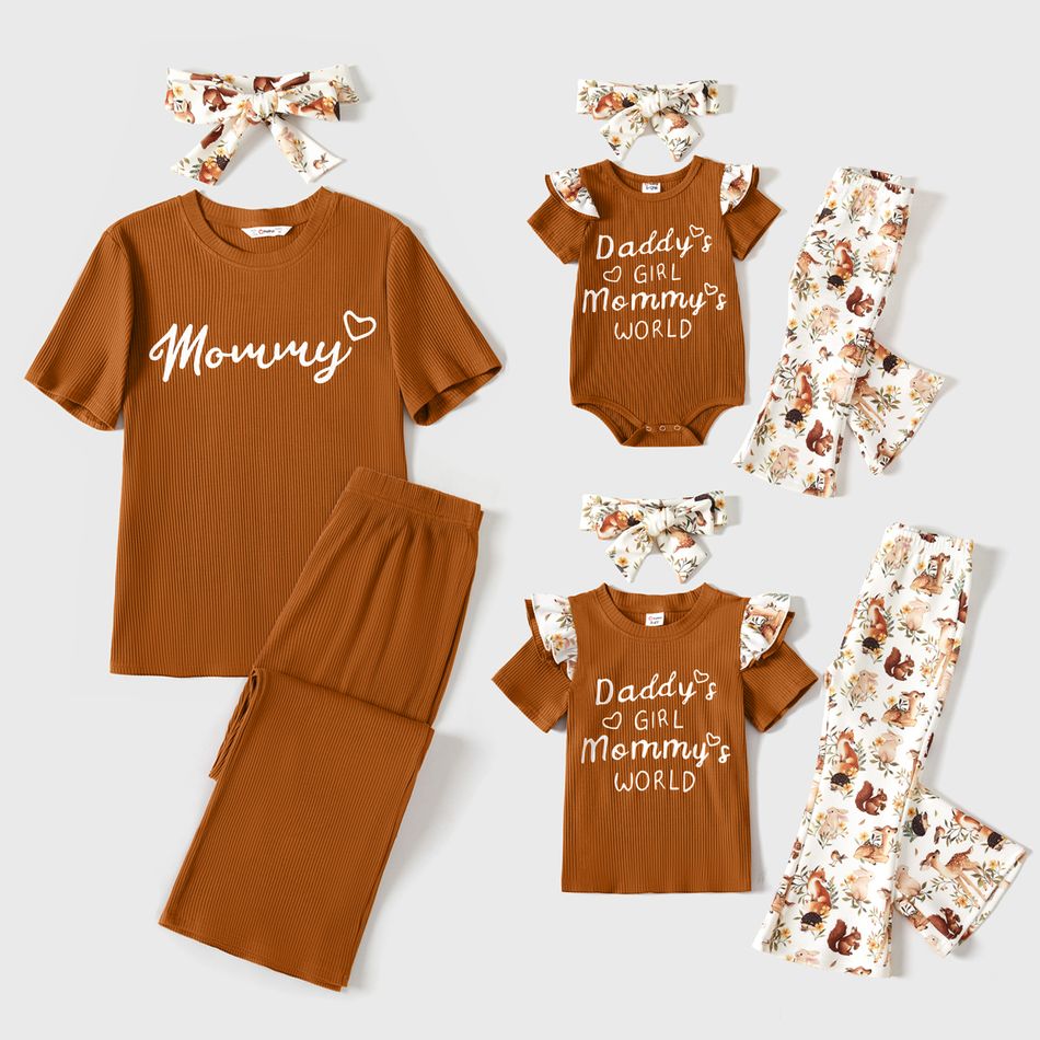 Mommy and Me Cotton Ribbed Short-sleeve Letter Graphic Tee and Floral Print Pants Sets Brown- big image 1