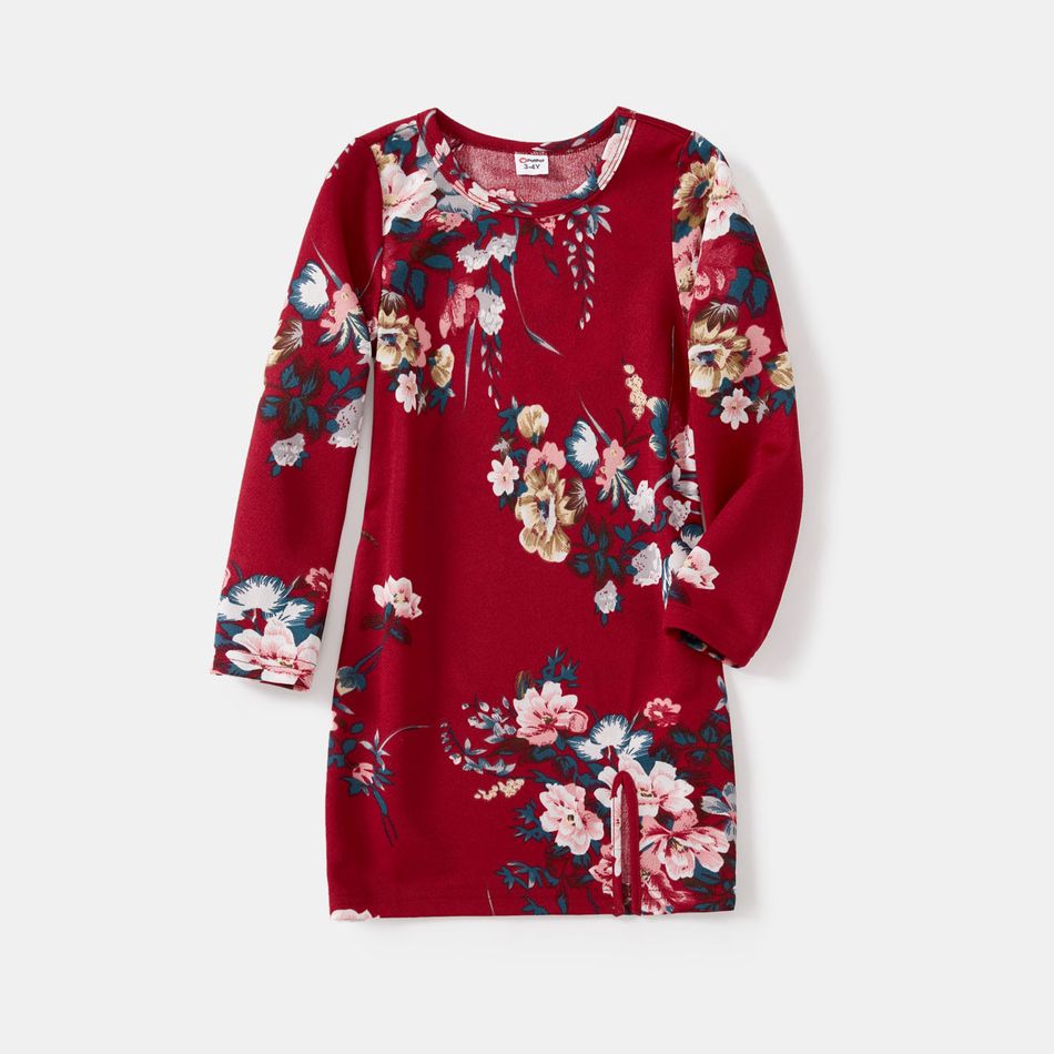 Family Matching Allover Floral Print Bodycon Dress and Raglan-sleeve Striped T-shirts Sets MAROON big image 5