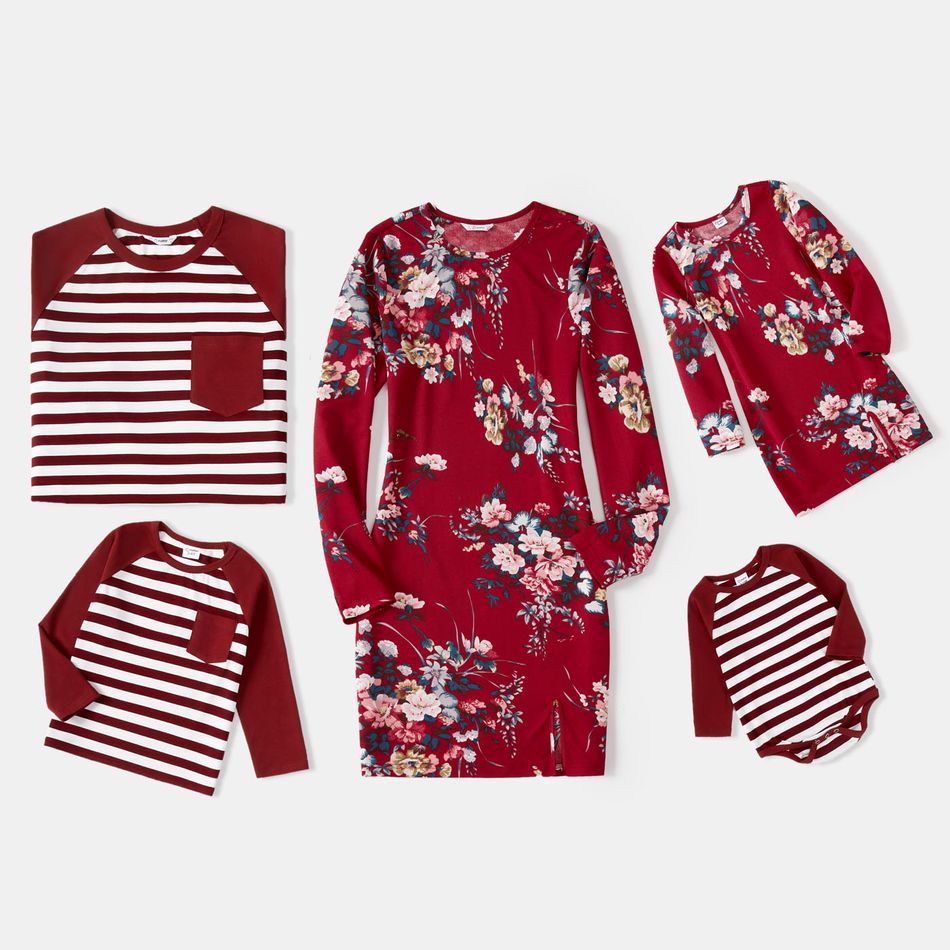 Family Matching Allover Floral Print Bodycon Dress and Raglan-sleeve Striped T-shirts Sets MAROON big image 1