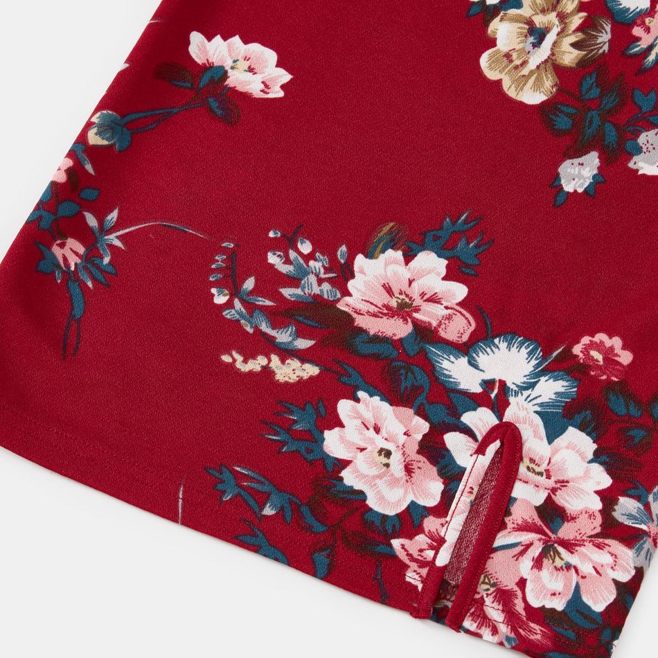 Family Matching Allover Floral Print Bodycon Dress and Raglan-sleeve Striped T-shirts Sets MAROON big image 4