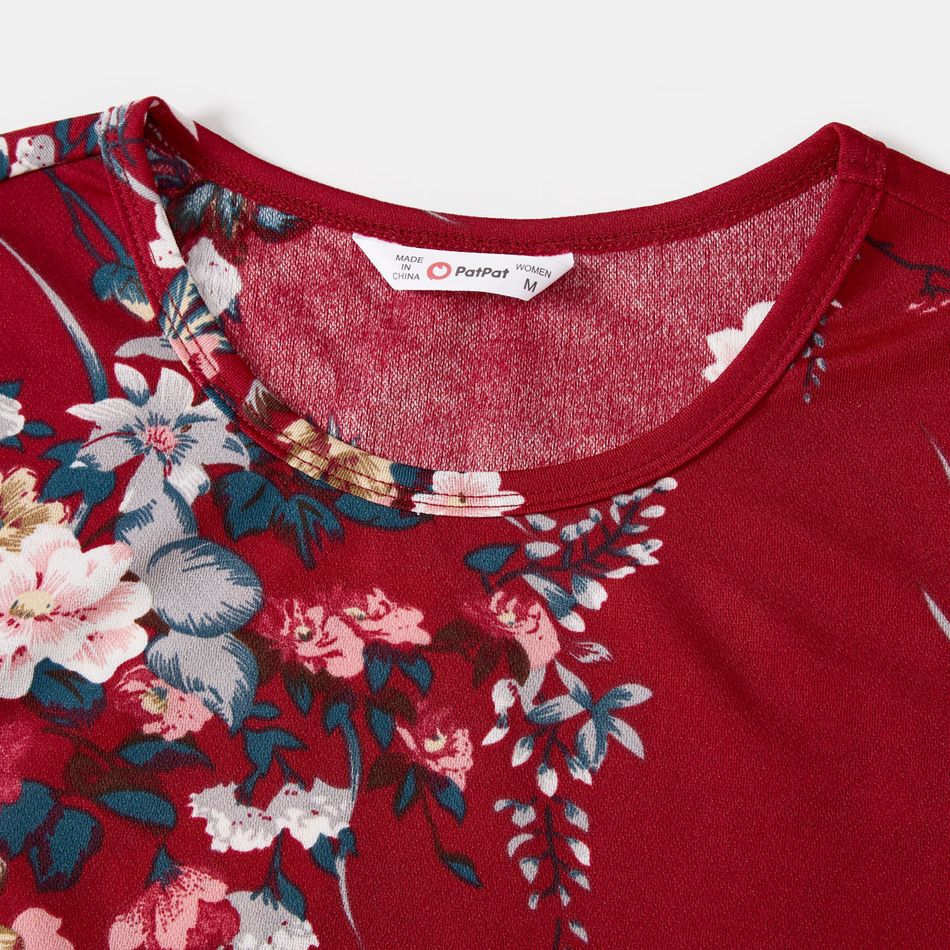 Family Matching Allover Floral Print Bodycon Dress and Raglan-sleeve Striped T-shirts Sets MAROON big image 3