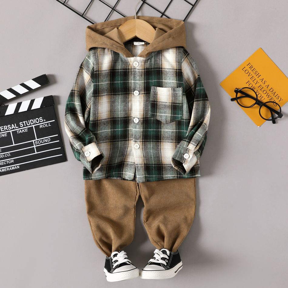 أطقم 2 - 6 سنوات رجالي بغطاء للرأس نقش خطوط ومربعات أخضر big image 1