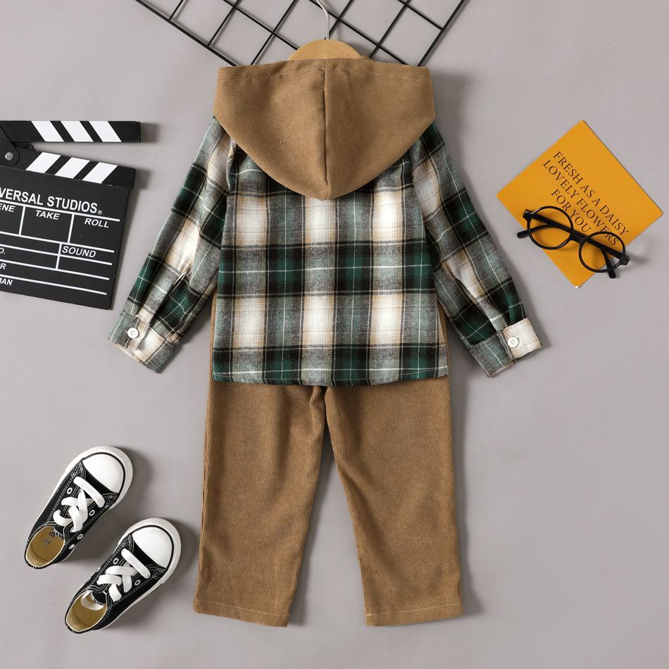 2pcs Toddler Boy Trendy Plaid Hooded Shirt and Corduroy Pants Set Green big image 2