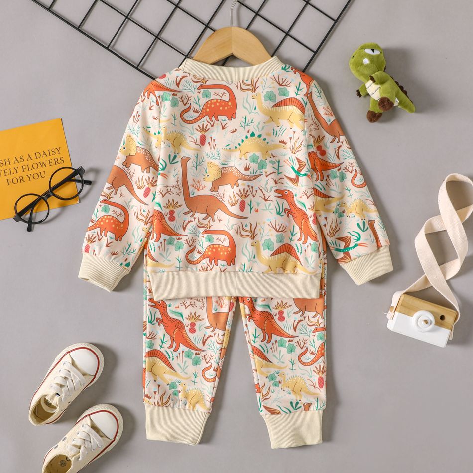 2pcs Toddler Boy Playful Dinosaur Print Sweatshirt and Elasticized Pants Set Creamcolored big image 2