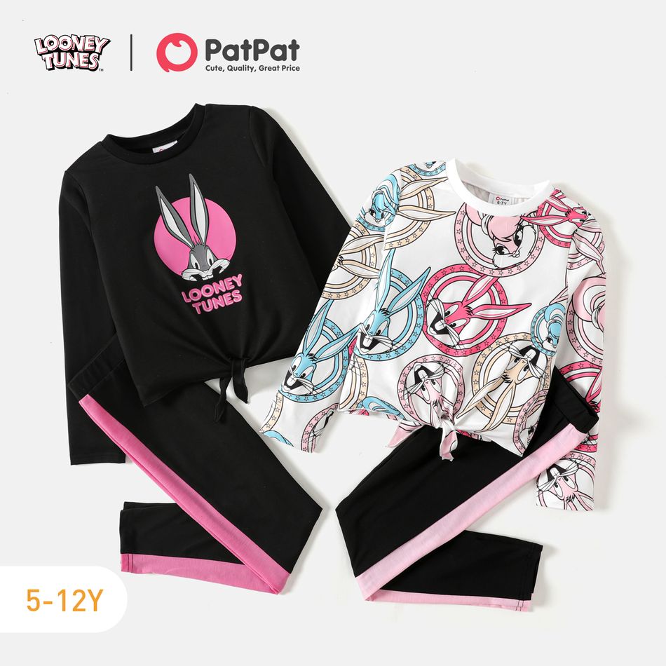 Looney Tunes 2pcs Kid Girl Tie Knot Long-sleeve Tee and Colorblock Leggings Set Black big image 2