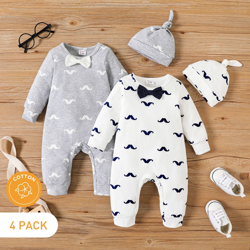 4-Pack Baby Boy 95% Cotton Long-sleeve Allover Mustache Print Jumpsuits with Hats Set Multi-color