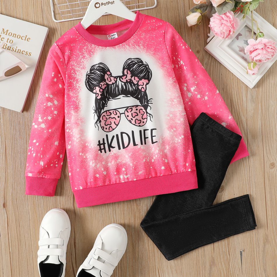 Kid Girl Cartoon Tie Dyed/ Leopard Print Pullover Sweatshirt Hot Pink