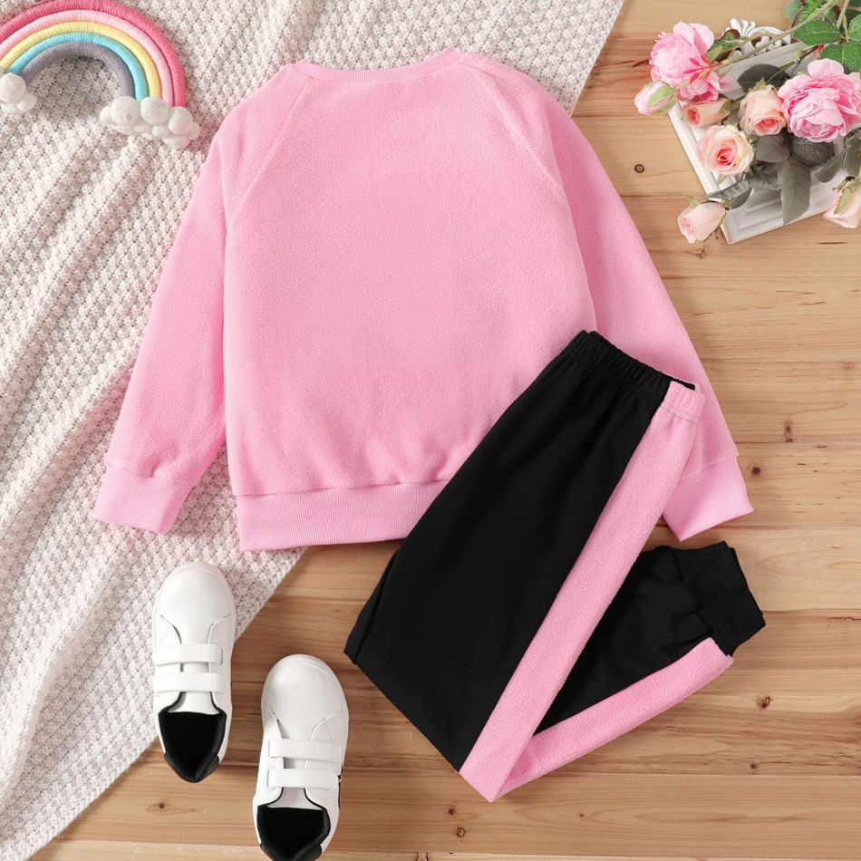 2pcs Kid Girl Cute Kitty Embroidered Fleece Sweatshirt and Colorblock Pants Set Pink big image 2