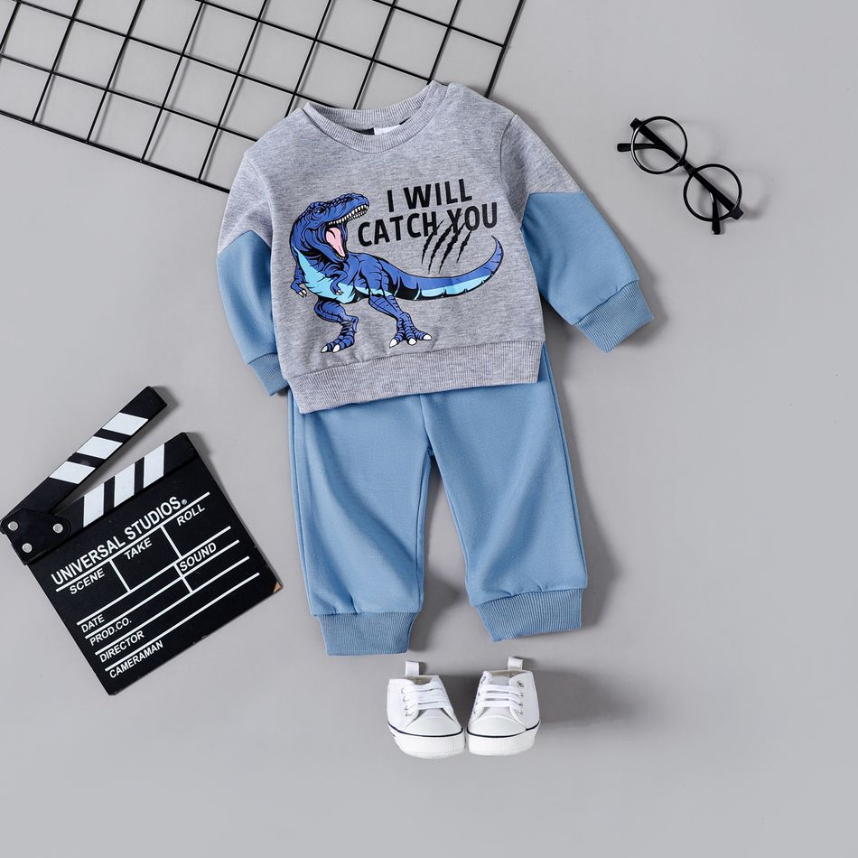 2pcs Baby Boy Dinosaur & Letter Print Colorblock Long-sleeve Sweatshirt and Solid Sweatpants Set Blue big image 1