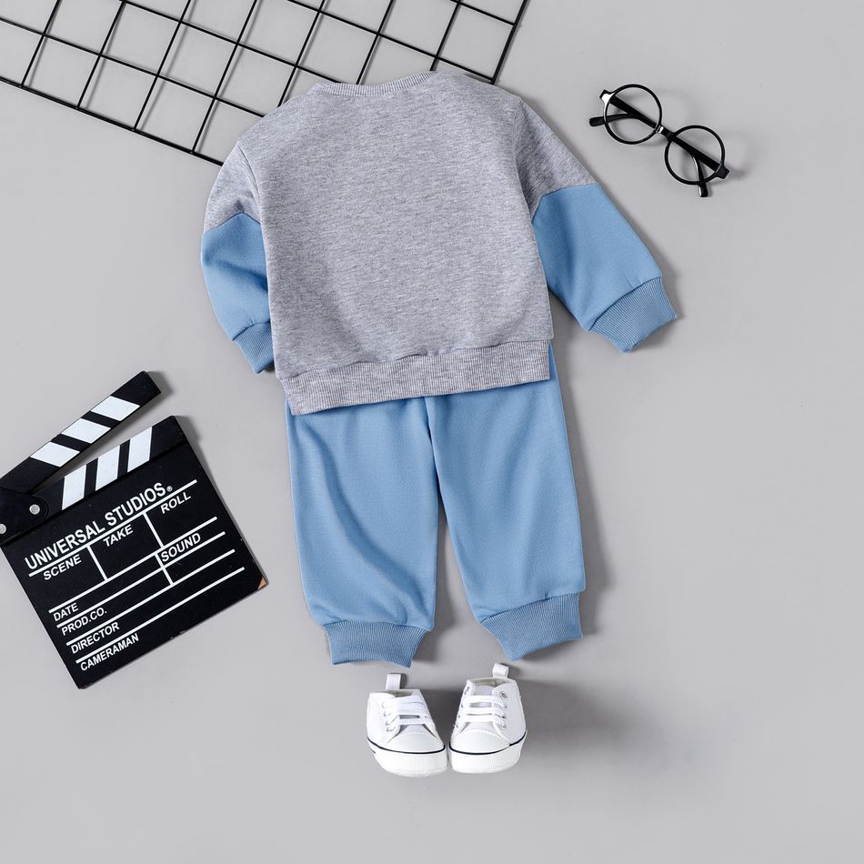 2pcs Baby Boy Dinosaur & Letter Print Colorblock Long-sleeve Sweatshirt and Solid Sweatpants Set Blue big image 2