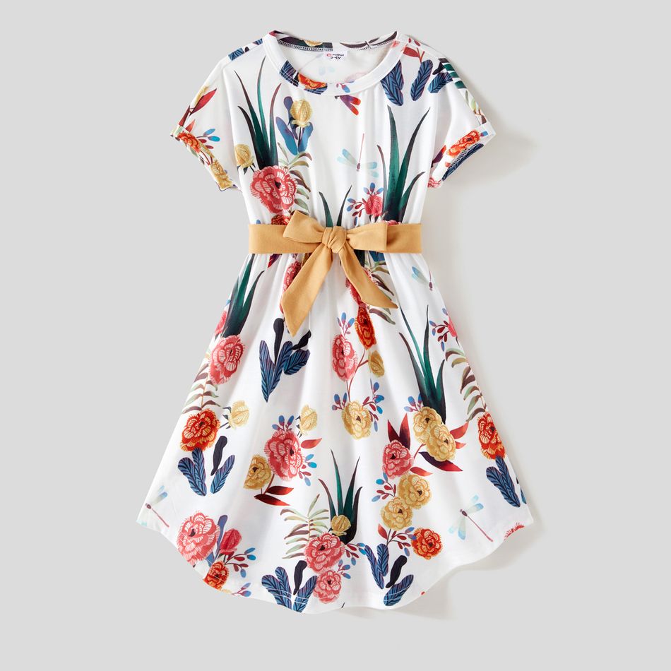 Family Matching Cotton Colorblock T-shirts and Allover Floral Print Short-sleeve Belted Dresses Sets Khaki big image 3