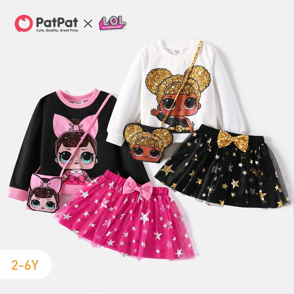 L.O.L. SURPRISE! 3pcs Toddler Girl Character Print Long-sleeve Tee and Star Glitter Design Mesh Skirt and Bag Set Black big image 5