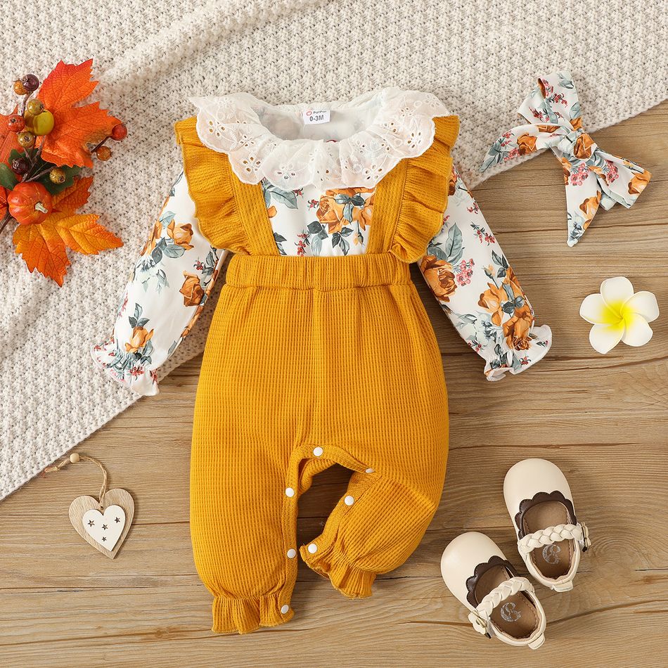 2pcs Baby Girl Ruffle Collar Floral Print Long-sleeve Waffle Jumpsuit with Headband Set Ginger-2