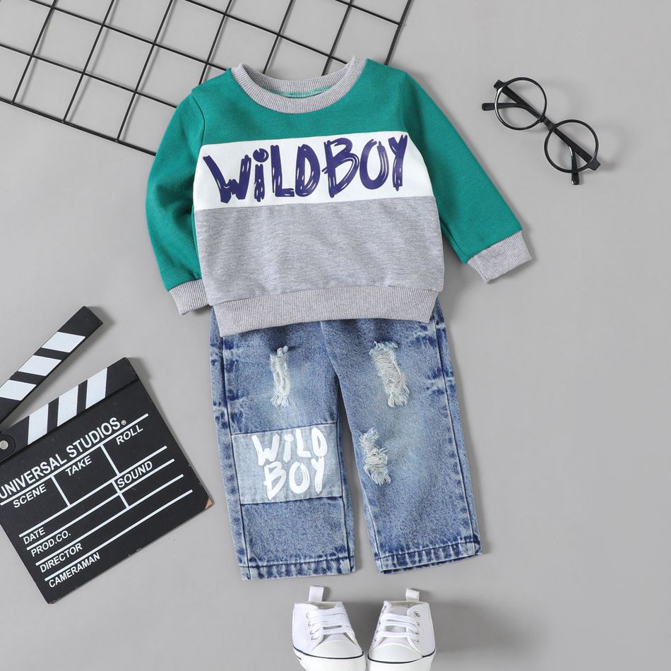 2pcs Baby Boy Letter Print Long-sleeve Colorblock Sweatshirt and Ripped Jeans Set Blue