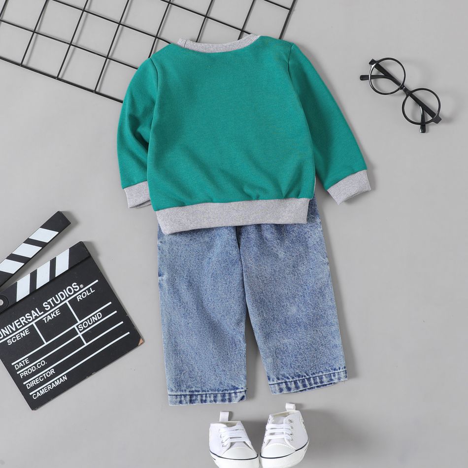2pcs Baby Boy Letter Print Long-sleeve Colorblock Sweatshirt and Ripped Jeans Set Blue big image 2