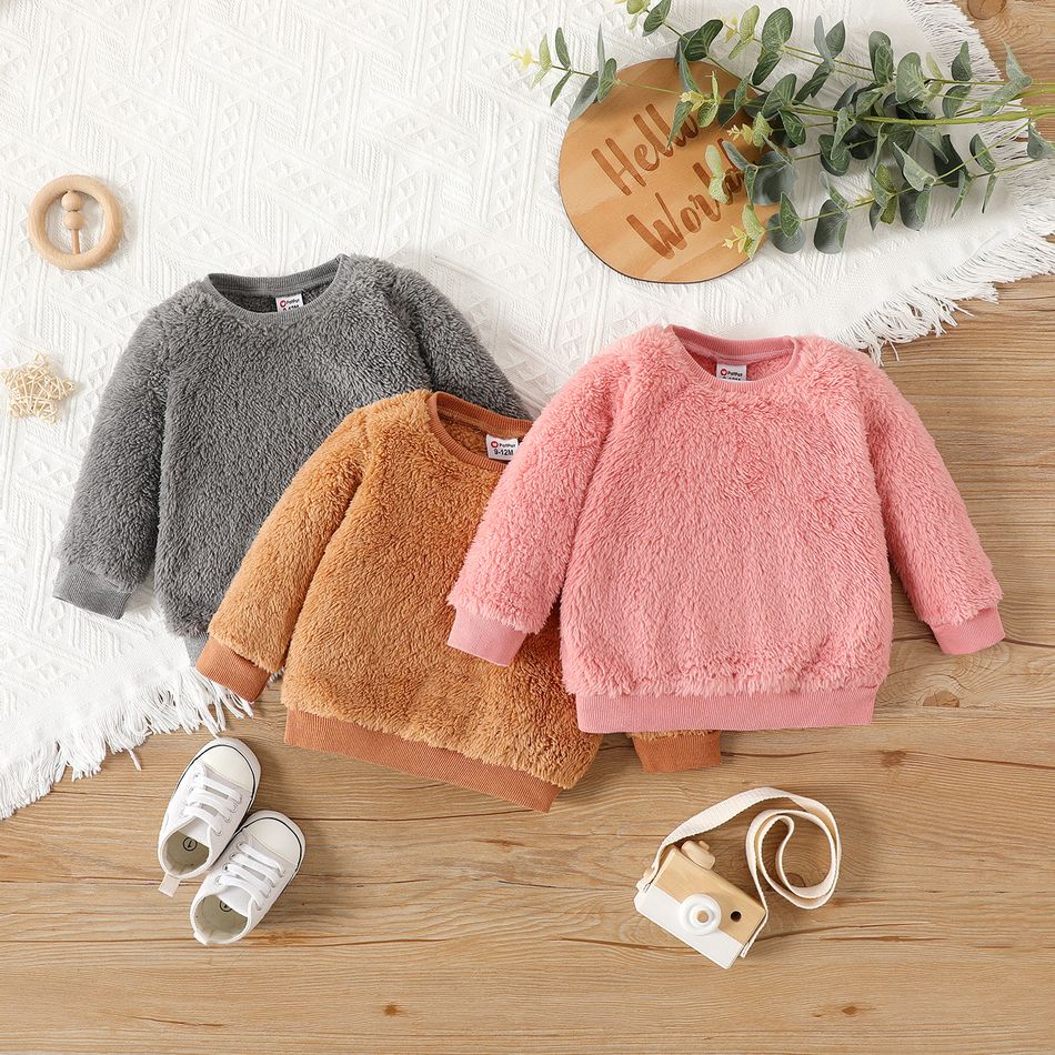 Baby Girl Cotton Long-sleeve Solid Fluffy Fleece Pullover Khaki