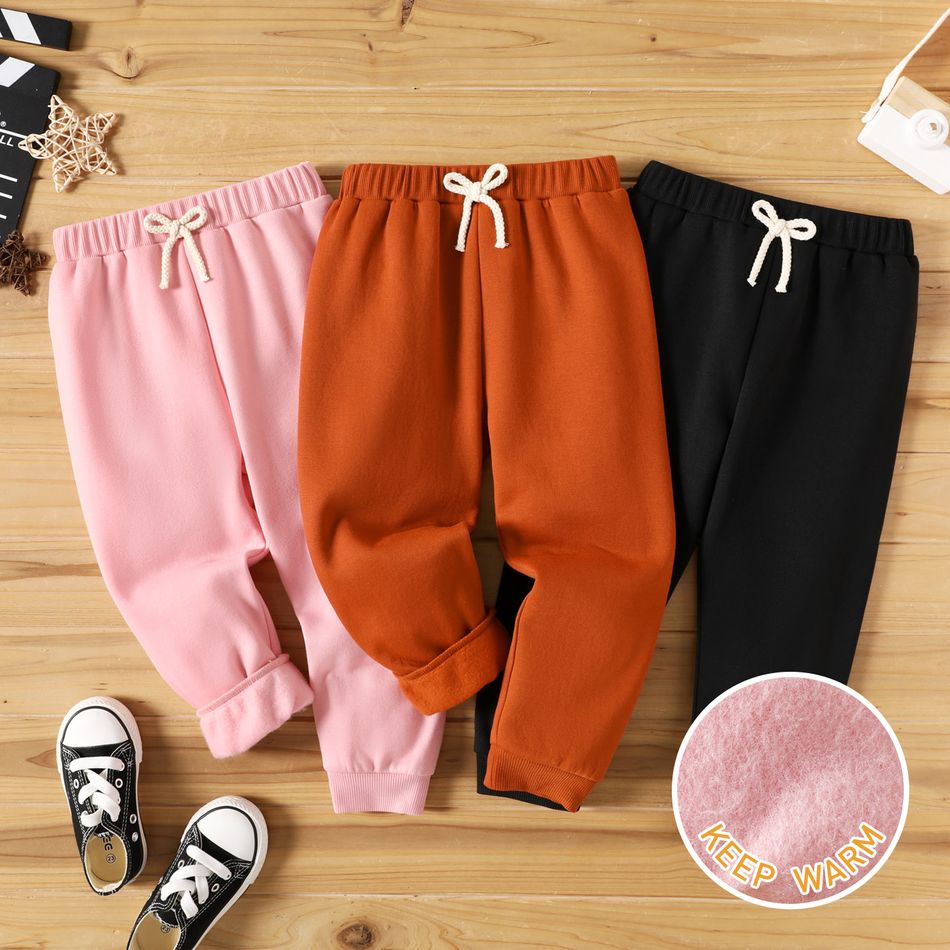 Toddler Girl Basic Solid Color Fleece Lined Elasticized Pants Pink big image 2