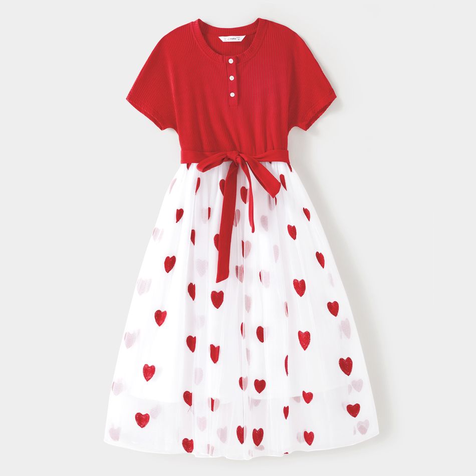 Family Matching Solid Spliced Allover Heart Embroidered Mesh Dresses and Short-sleeve Colorblock Ribbed T-shirts Sets Red big image 2