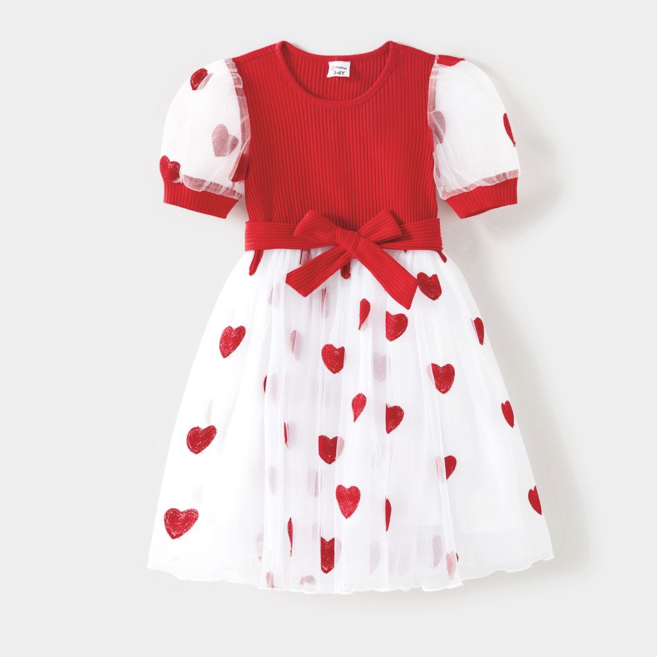 Family Matching Solid Spliced Allover Heart Embroidered Mesh Dresses and Short-sleeve Colorblock Ribbed T-shirts Sets Red big image 11