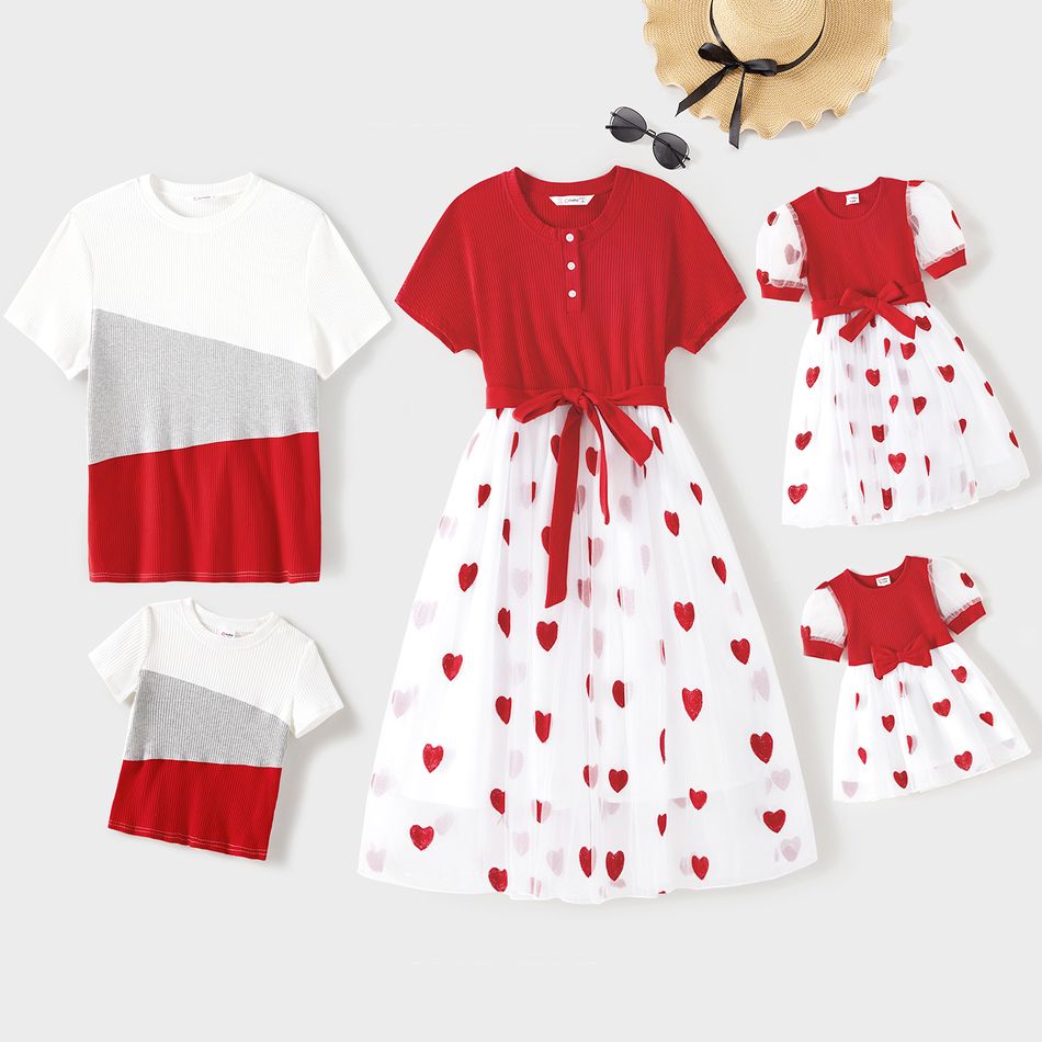 Family Matching Solid Spliced Allover Heart Embroidered Mesh Dresses and Short-sleeve Colorblock Ribbed T-shirts Sets Red