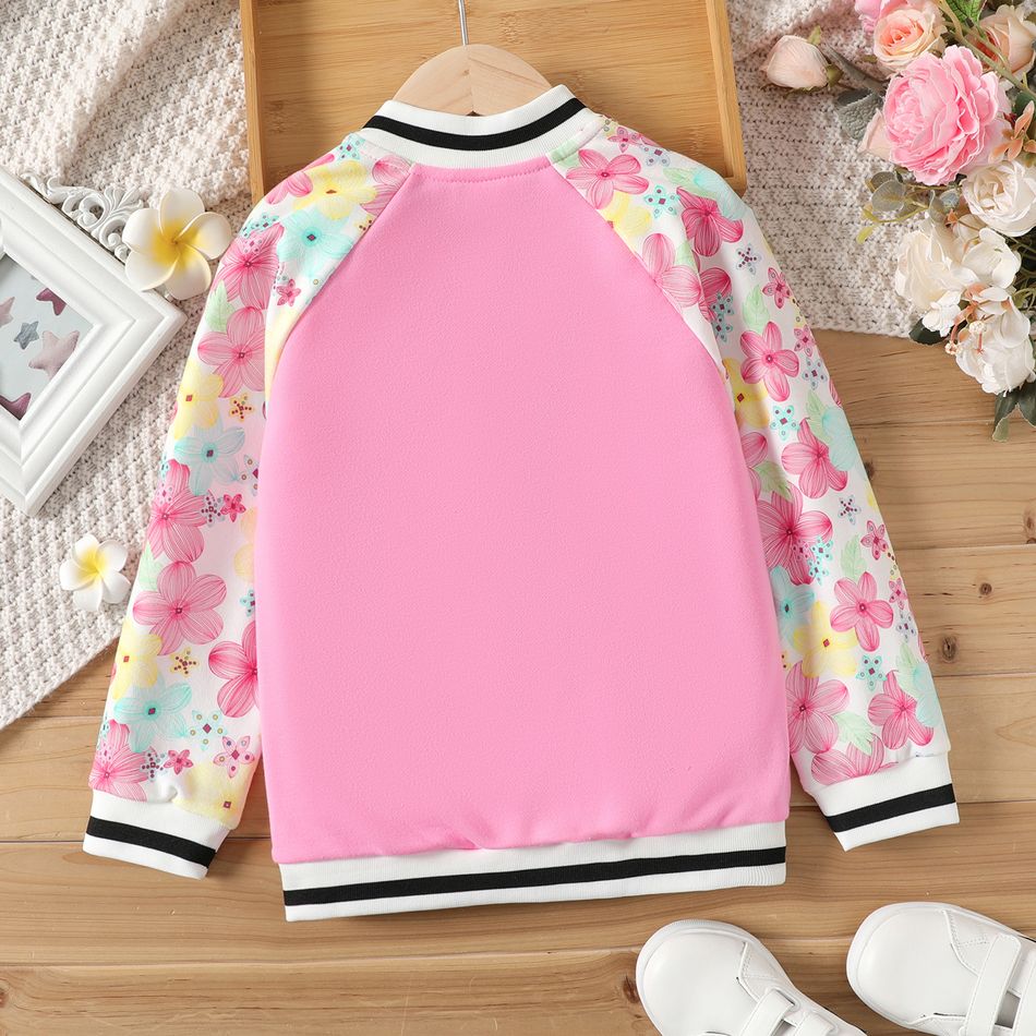 Kid Girl Floral Print Letter Embroidered Raglan Sleeve Bomber Jacket Pink big image 2