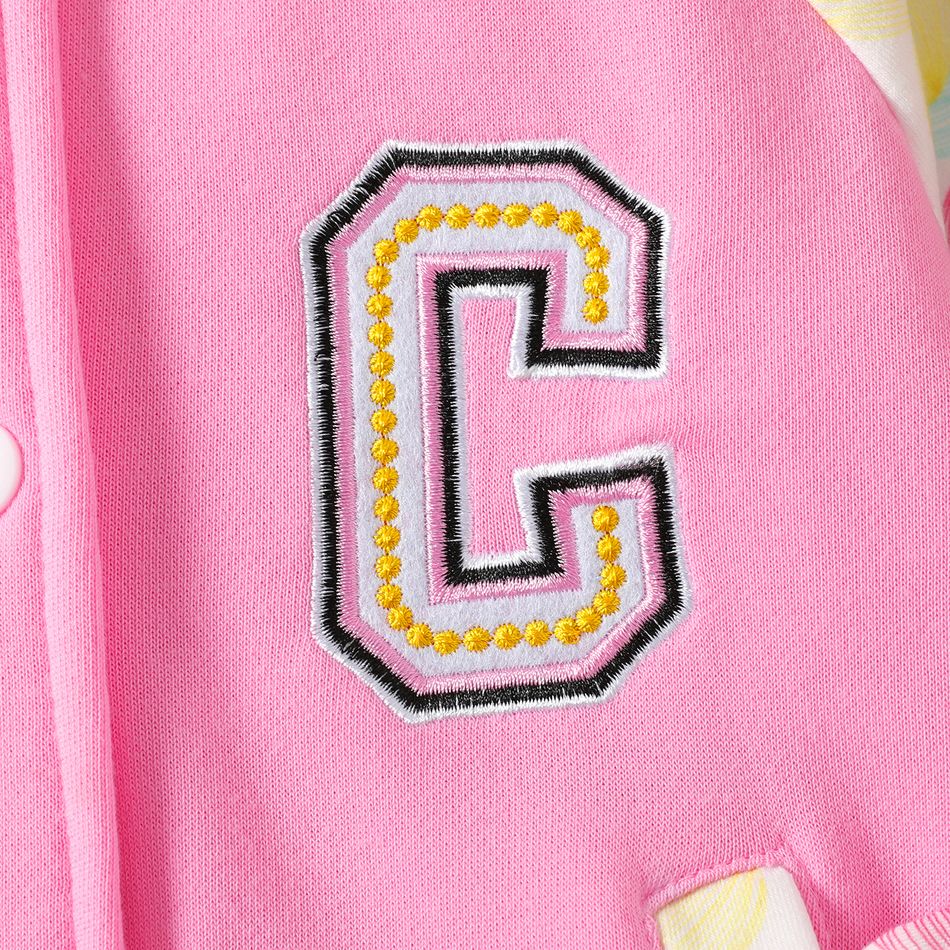 Kid Girl Floral Print Letter Embroidered Raglan Sleeve Bomber Jacket Pink big image 3