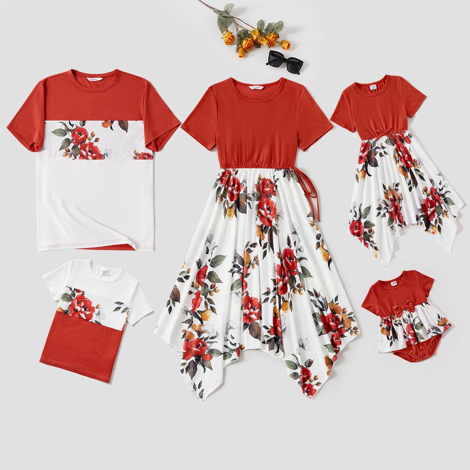 Family Matching Solid Spliced Floral Print Asymmetric Hem Drawstring Dresses and Short-sleeve Colorblock T-shirts Sets Dullorange